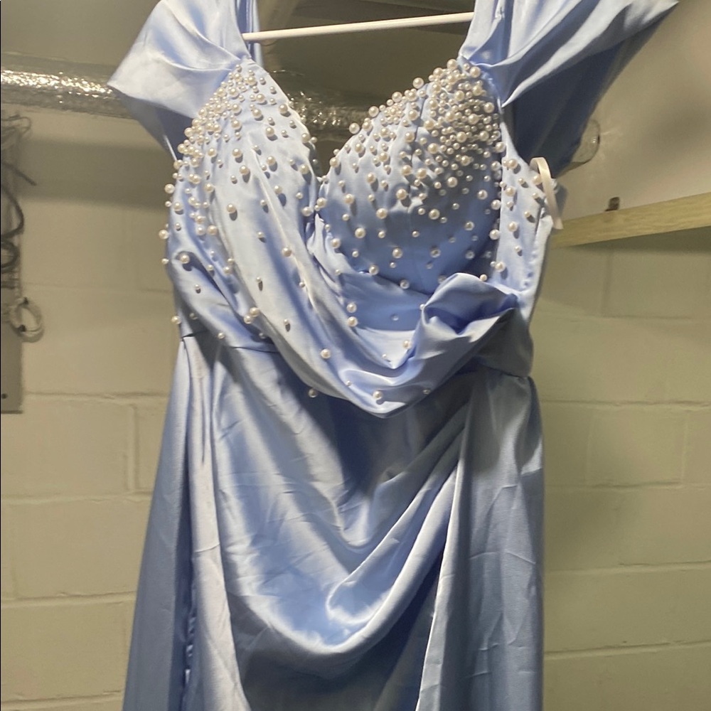 Elegant Light Blue Gown with Pearl Embellishments